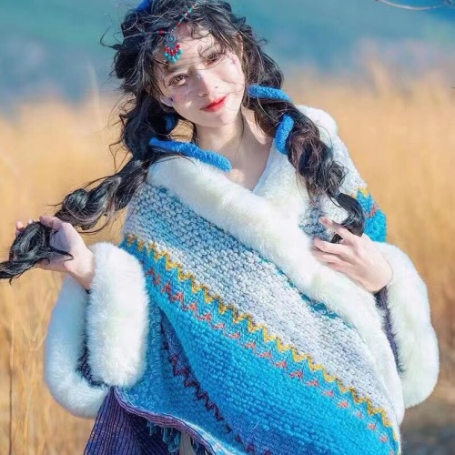 Lijiang Dali hanging ball shawl imitation rex rabbit fur oversized fur collar ethnic style scarf cloak sleeved coat women's cloak