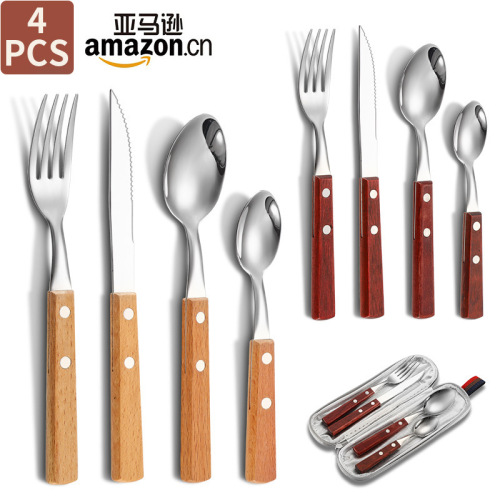 Amazon cross-border 304 stainless steel log handle steak Western food knife fork spoon gift printed logo