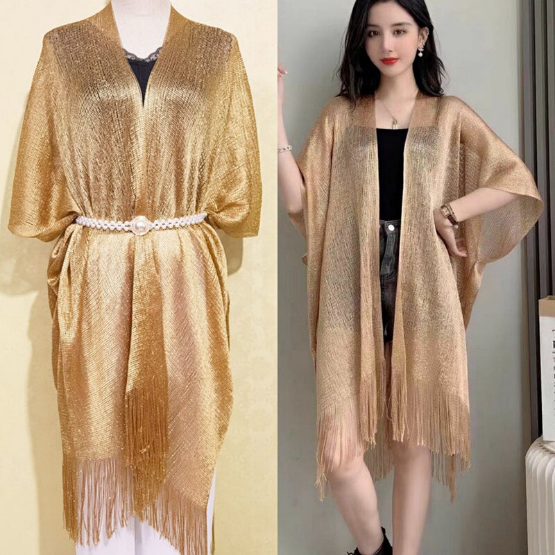 European and American style cross-border gold silk slit shawl women's thin evening dress with decorative tassels hollow sunscreen silk scarf