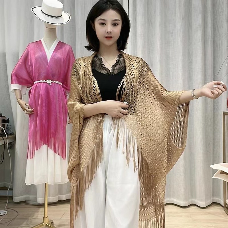 Cross-border summer mesh tassel gold and silver ribbon sleeves slit shawl vacation bikini cover-up sun protection clothing for women