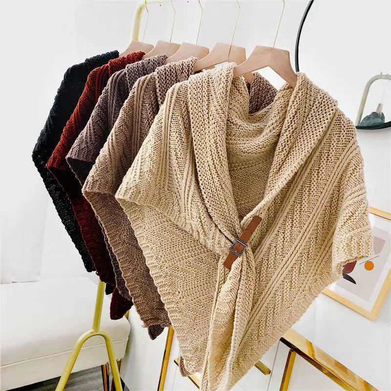 New autumn and winter warm shawl slit thickened triangle leather buckle cloak women's knitted scarf with woolen scarf