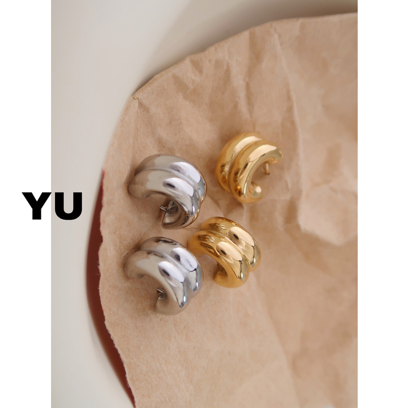 Yuyu Jewelry double-layer C-shaped half-circle mirror earrings for women European and American simple retro titanium steel non-fading cross-border