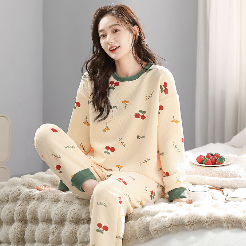Thickened interlayer air cotton pajamas for women in autumn and winter hot sale warm long-sleeved trousers can be worn outside home clothes suit winter
