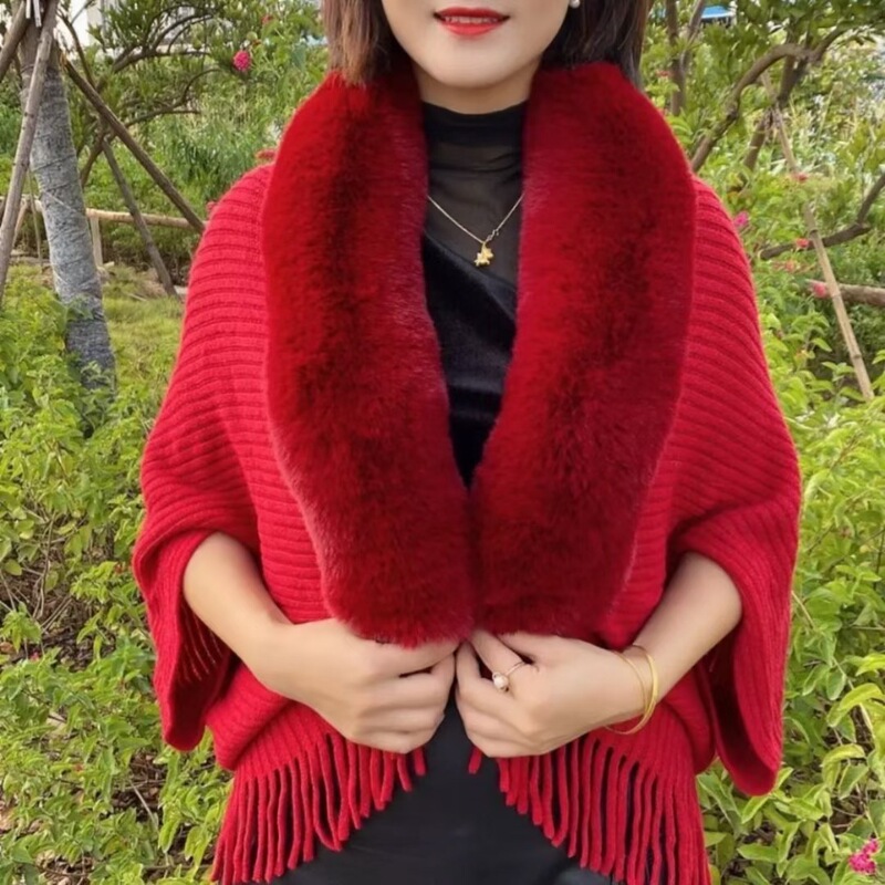 New autumn and winter cape shawl, wide fur collar, warm tassels, cheongsam, knitted cardigan, high-end jacket for women