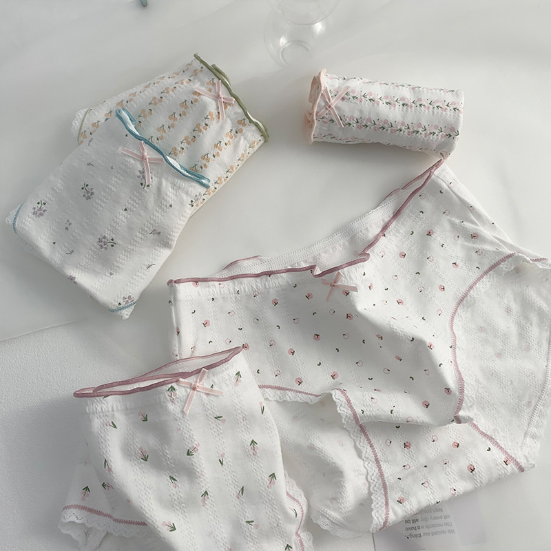 Pure desire fairy style sweet little floral jacquard underwear for women pure cotton crotch mid-waist bag buttocks student girl briefs
