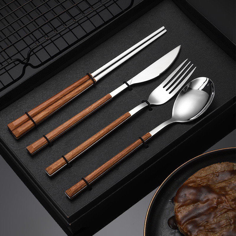 Stainless steel knife, fork and spoon, imitation wood handle, steak knife, fork, table knife, fork, spoon, tea spoon, spoon, western food tableware set