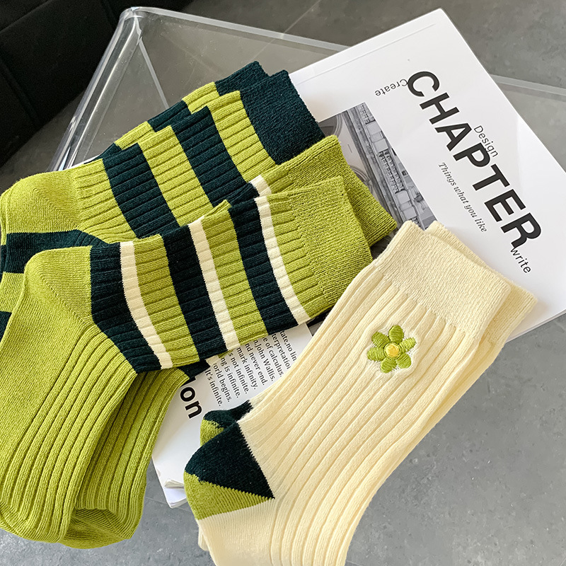 Zhuji Socks Green Thick Stripes Ins Style Street Trend Medium Tube Embroidered Sports Socks Women's Cotton Wholesale