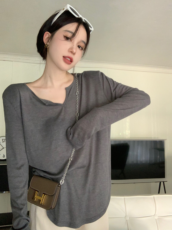 實拍軟糯垂感墊肩防曬衫寬鬆顯瘦長袖百搭V領打底衫女