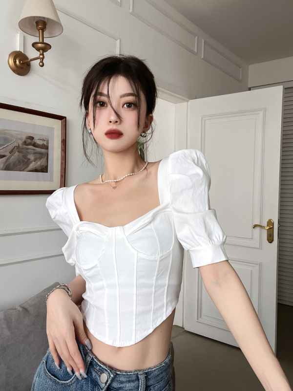 實拍2024春夏新款法式小眾短袖短款上衣襯衫女