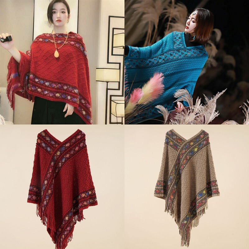 Spring and Autumn New Ethnic Style Pullover Diamond Check Shawl Tassel Cape for Women Fashionable and Versatile Travel Jacket