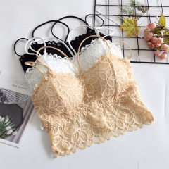 *Real-shot, wire-free lace push-up wrap-style bra with chest pads—short, backless design for a sleek look