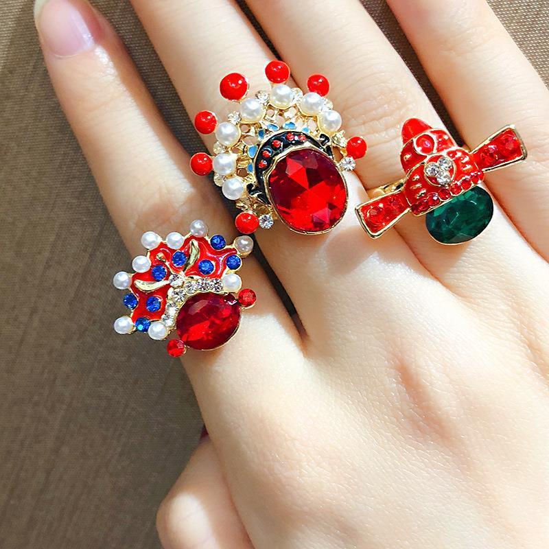 Chinese style Peking Opera facial makeup ring for women, ethnic style red crystal pearl index finger ring, Korean internet celebrity personalized ring trend
