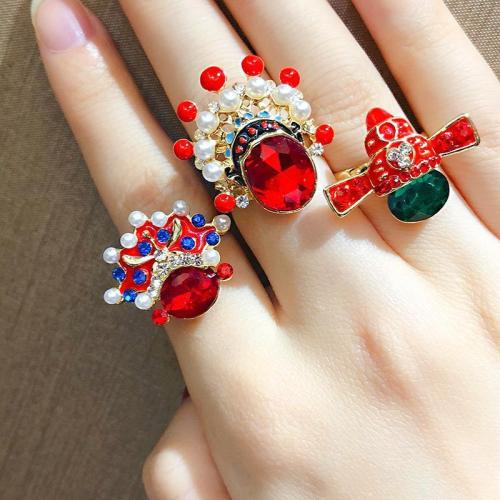 Chinese style Peking Opera facial makeup ring for women, ethnic style red crystal pearl index finger ring, Korean internet celebrity personalized ring trend