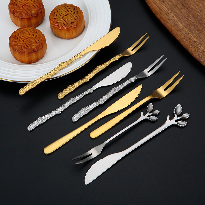 Stainless steel golden fruit two-pronged fork cake dessert knife and fork moon cake cutlery gift