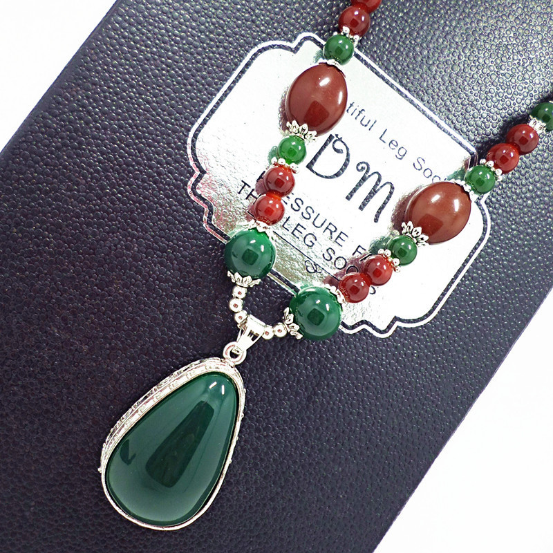 Dark green water drop necklace bohemian imitation green jade retro literary sweater chain pendant clothing jewelry accessories