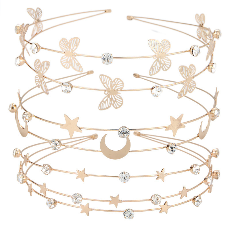 New multi-layered metal star and moon crystal headbands, female butterfly hair accessories, children's headbands, double-layered headbands