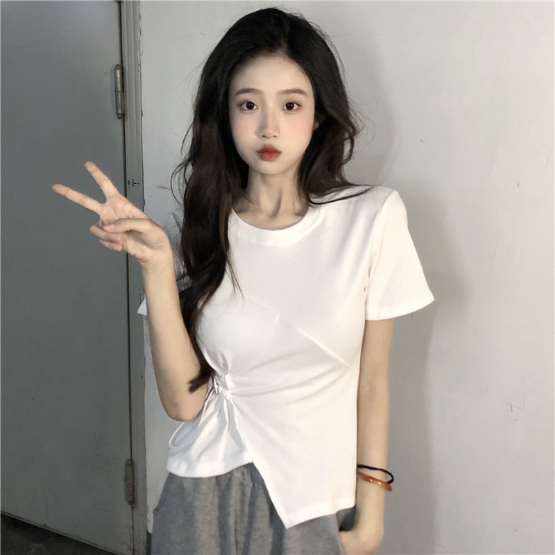 實拍~~辣妹修身上衣T恤純欲風韓版顯瘦不規則抽繩設計感