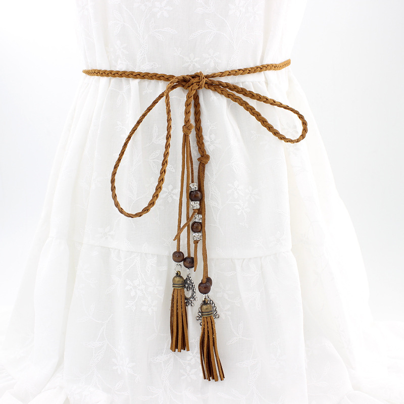 Antique Hollow Nubuck Leather Braided Women's Thin Waist Rope Rhinestone Pendant with Antique Wood Beads Skirt Belt Waist Chain