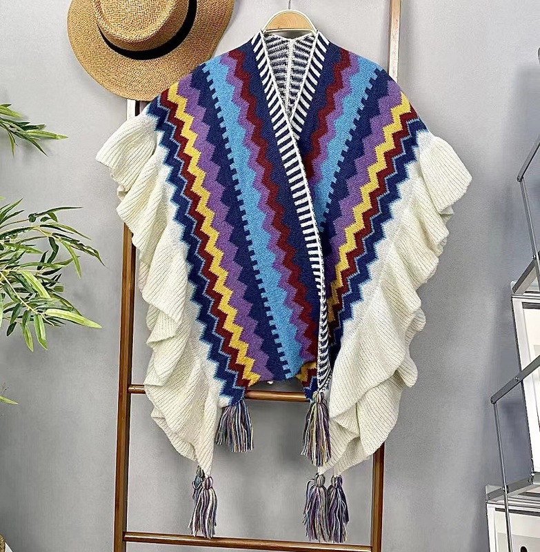 Autumn and winter retro ethnic style shawl cloak ruffled color block jacket Xinjiang Yunnan travel photo outerwear