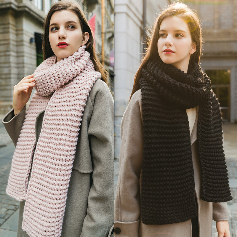 New Korean style handmade thick wool solid color knitted scarf for women autumn and winter women's scarf thickened student couple scarf