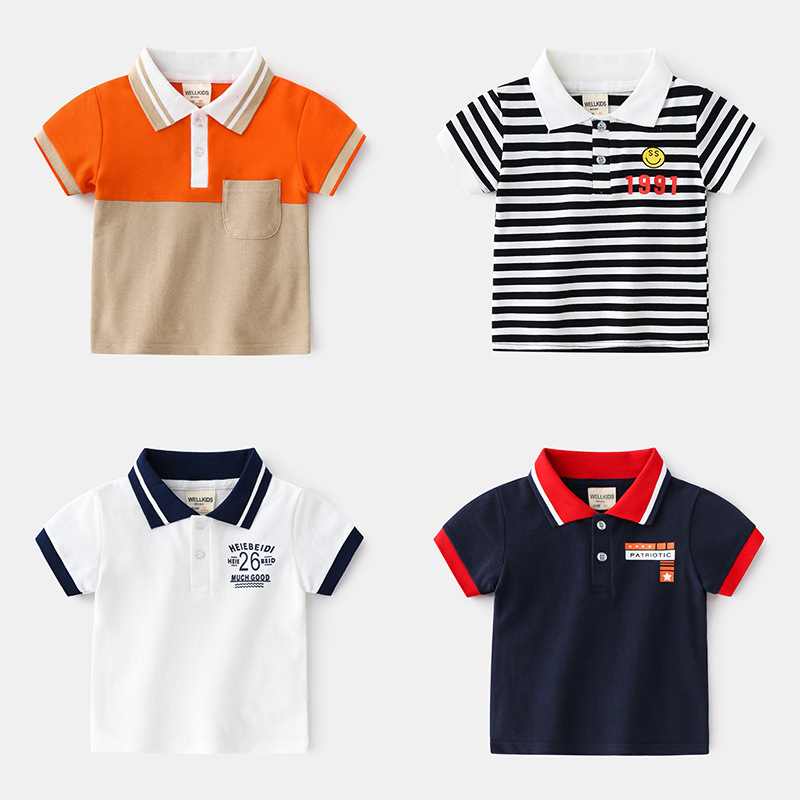 Striped cotton casual T-shirt Children's clothing pique cotton top summer half-sleeved boys' lapel POLO shirt