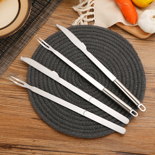 Stainless steel barbecue knife and fork set flat handle round handle extended handle barbecue fork roast lamb leg knife and fork western food knife and fork wholesale