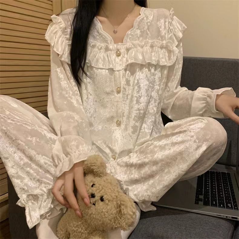 ins autumn and winter palace style square collar fungus placket solid color glitter velvet pajamas home wear set