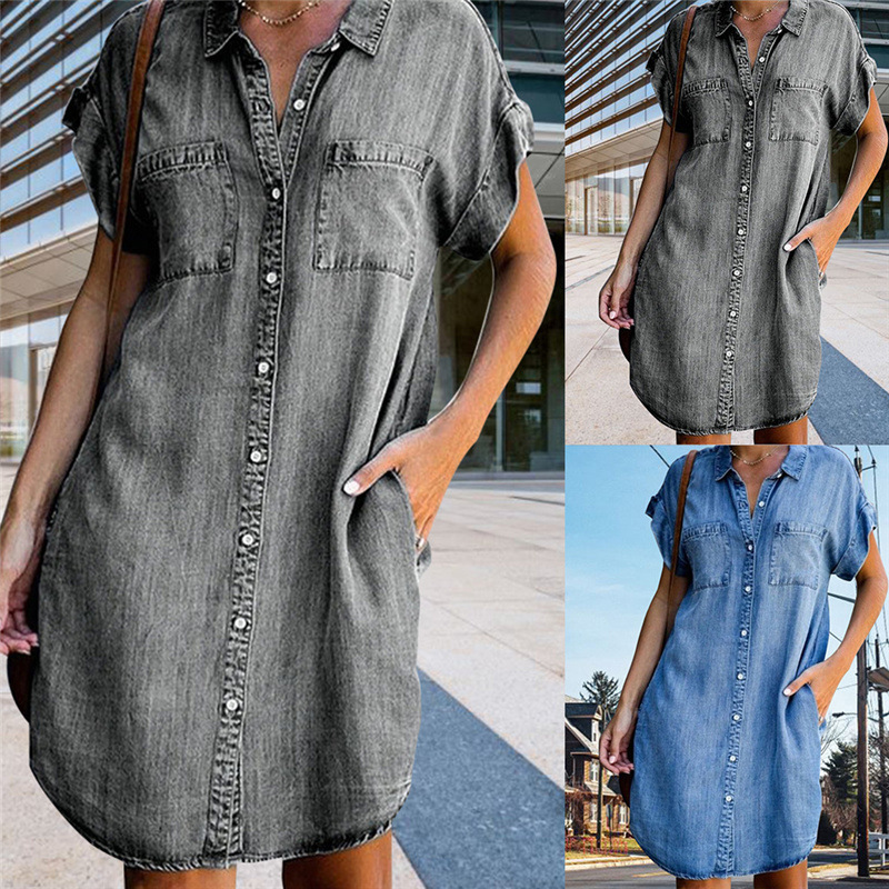 Cross-border European and American foreign trade denim short-sleeved shirt single-breasted loose patch pocket women's A-line dress