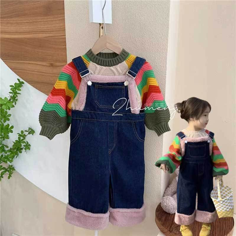 Molson's new spring style Korean girls' contrasting color wavy lantern sleeve sweater lambswool denim overalls