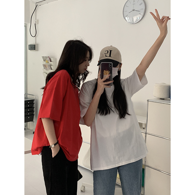 Huang Zheng basic solid color round neck short-sleeved T-shirt women's spring and summer Korean style loose casual bottoming top