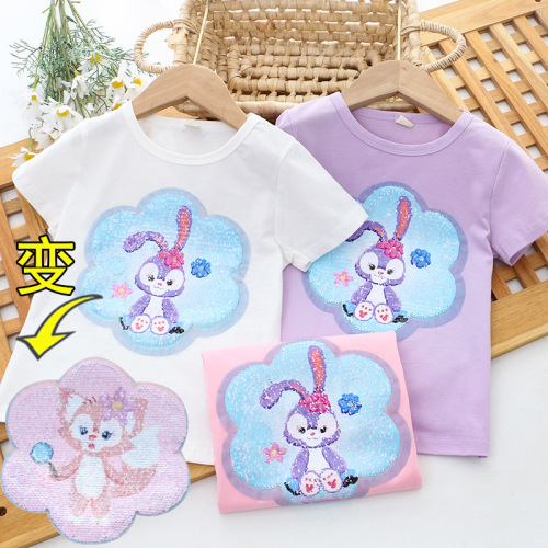 Children's summer clothing new style girls double-sided color-changing sequined short-sleeved T-shirt cross-border foreign trade manufacturer