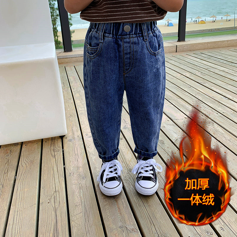 Children's jeans new autumn and winter baby plus velvet thickened trousers boys style one-piece velvet handsome trendy