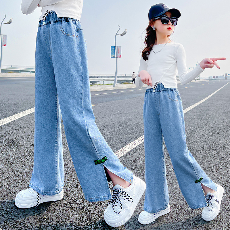 Medium and large children's style trousers, spring denim trousers for girls, Korean style straight trousers for girls, loose wide-leg trousers for spring and autumn.