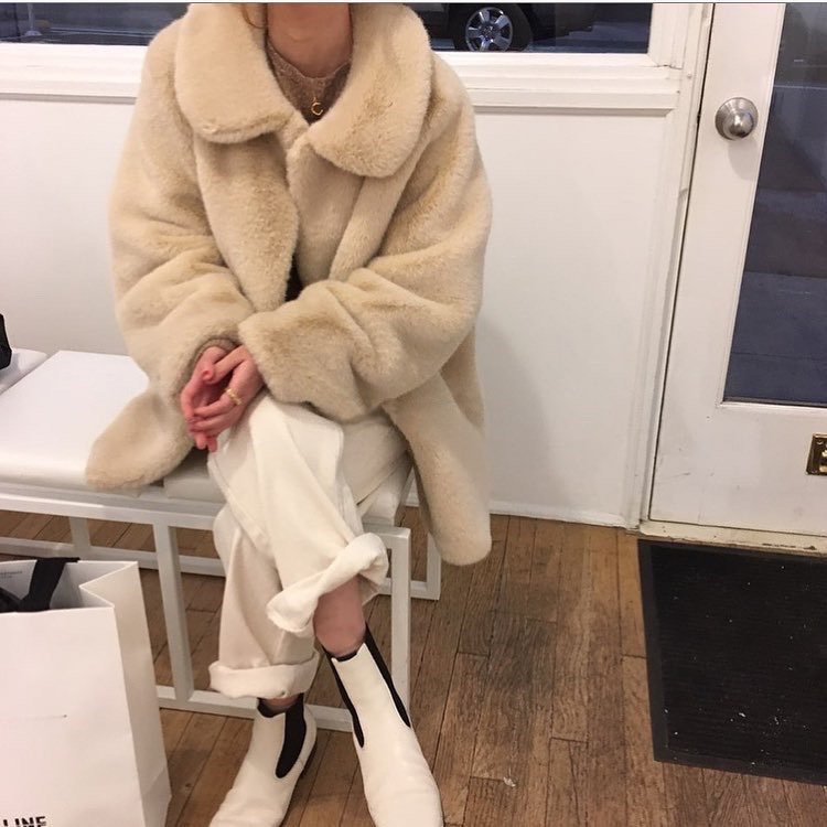 Autumn and winter Korean Dongdaemun M*NE Little White Bear loose casual lapel mid-length fur coat