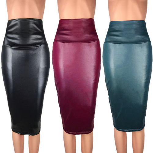 Amazon AliExpress European Beauty Match OL Matte Imitation Leather High Waist Cover Hip Mid Skirt Cover Hip Skirts