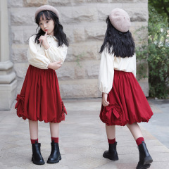 Girls' autumn and winter suits, medium and large children's velvet puff sleeve shirts, little girls' bud lantern skirts, puffy skirts