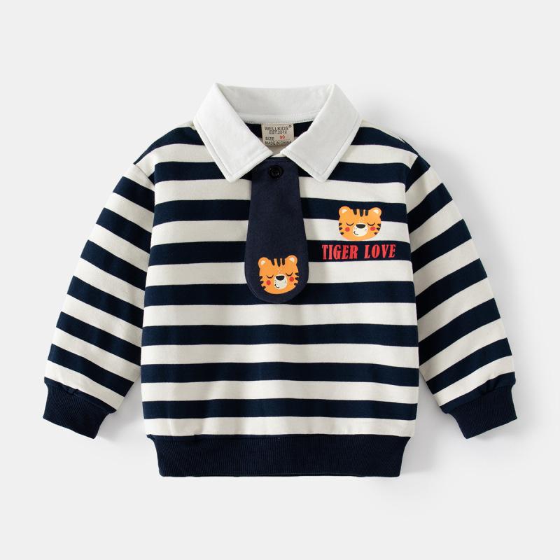 Navy striped boy's lapel sweatshirt, handsome tie long-sleeved children's clothing, cartoon tiger cute autumn sweatshirt
