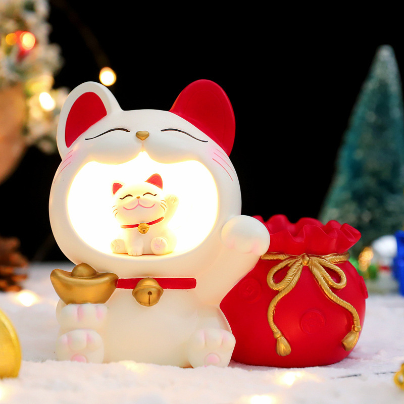 New Year's gift beckoning cat pen holder night light creative kitten storage bucket ornaments resin crafts factory direct sales
