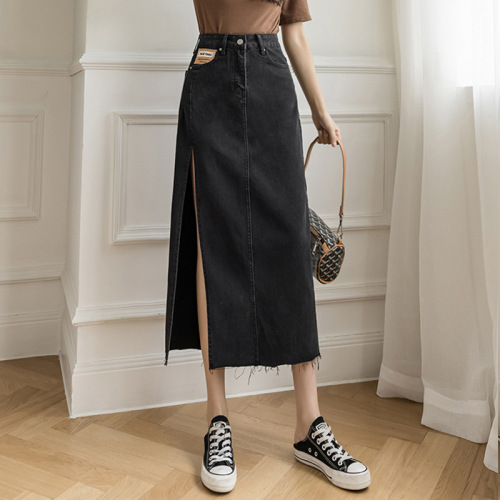 Slit denim skirt for women 2024 spring and summer new style retro chic slim hip skirt mid-length denim skirt trendy