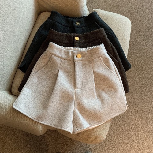 Girls' new autumn and winter woolen slit wide-leg shorts Korean style elastic high-waisted loose straight casual boot pants trendy