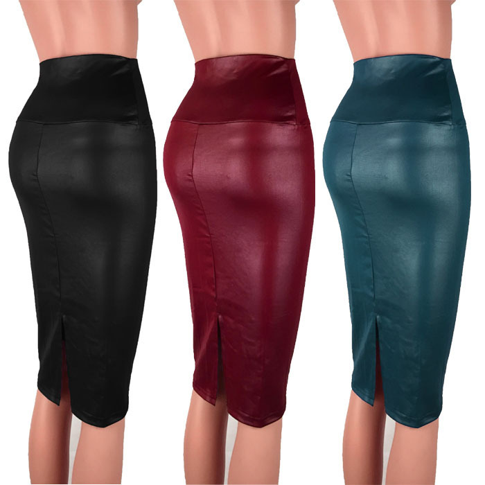 Russian foreign trade European and American style versatile OL imitation leather high waist hip-covering knee mid-skirt slit hip-covering skirt wholesale