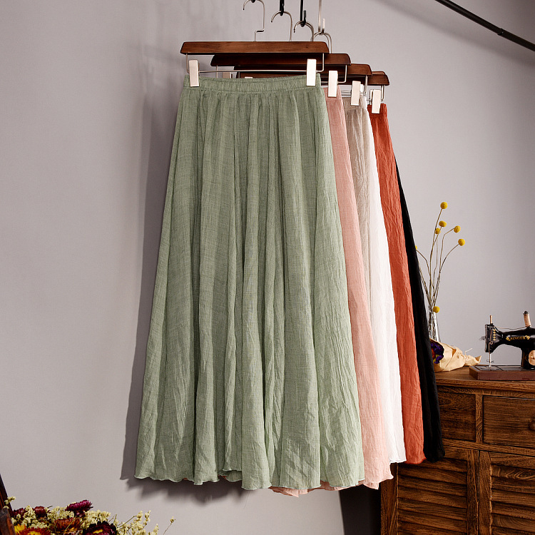 Mori Girl's literary cotton and linen skirt, linen solid color mid-length skirt, autumn and winter ethnic style large hem skirt, small and fresh