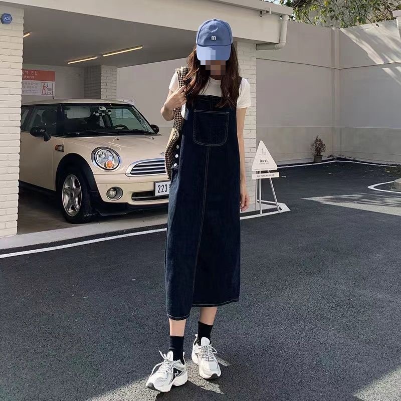 Denim suspender skirt for small people, spring new style, high-waisted, slim, fashionable and versatile, mid-length dress with slits