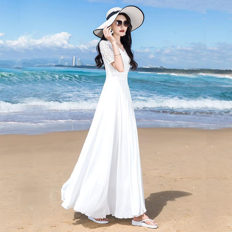 Large hem summer mid-length white short-sleeved lace chiffon dress plus size vacation skirt beach skirt