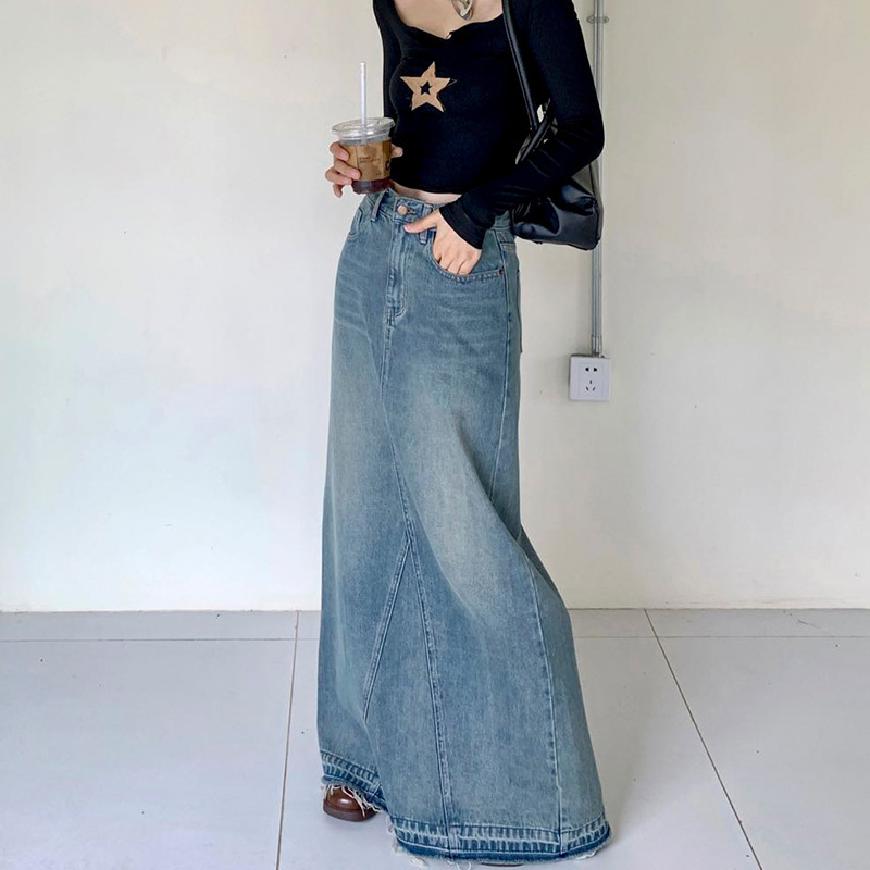 Umanti Designer Denim Skirt Women's Early Autumn New Retro Distressed Floor-length Denim Long Skirt