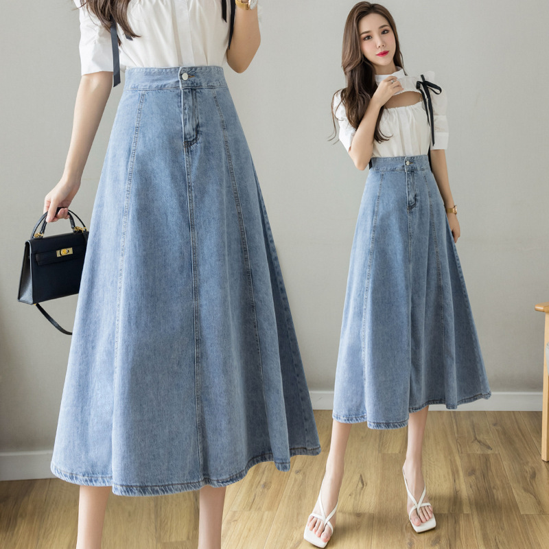 2024 spring and summer new skirt A-line high waist slimming temperament hip-covering over-the-knee denim skirt women's mid-length umbrella skirt