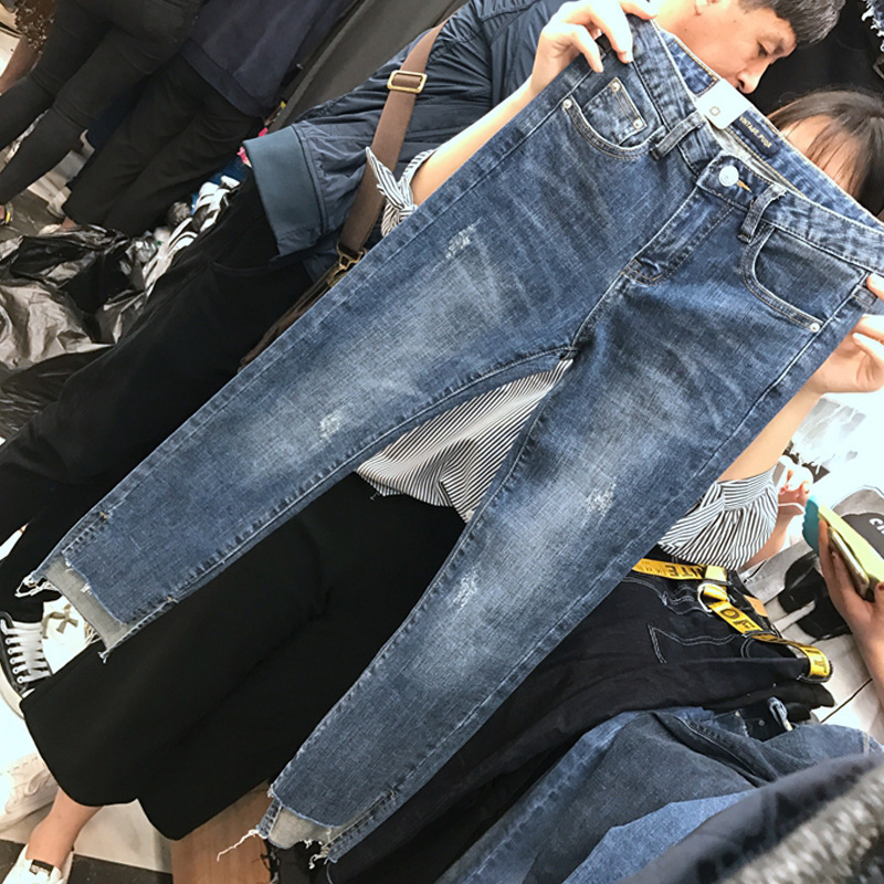 Fat sister 200 pounds plus size women's summer wear slimming pants high waist elastic ripped jeans women's trendy nine-point pants