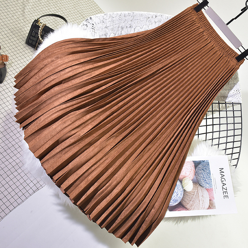 Autumn and winter Korean style solid color gold velvet pleated skirt mid-length deerskin high waist skirt women's suede elastic skirt