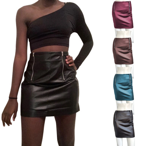 AliExpress Shopee new summer short skirt A-line imitation leather skirt zipper skirt women's skirt hip skirt one-step skirt