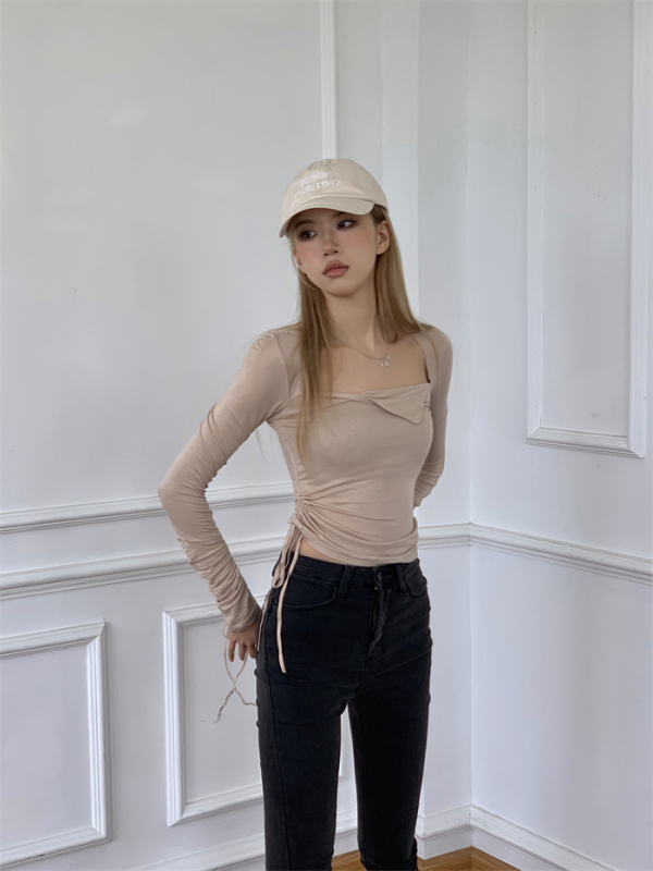 Actual shot Korean style comfortable drawstring irregular top